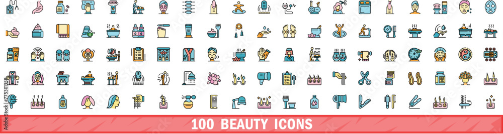 Sticker 100 beauty icons set. Color line set of beauty vector icons thin line color flat on white - Stickers