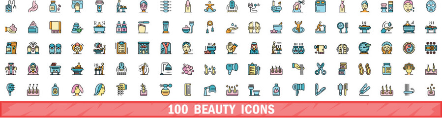 100 beauty icons set. Color line set of beauty vector icons thin line color flat on white - obrazy, fototapety, plakaty