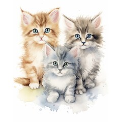 Watercolour Animal Clipart Cute Baby little kitten on white background