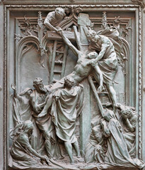 MILAN, ITALY - SEPTEMBER 16, 2024: The detail from main bronze gate of the Cathedral -   Deposition by Ludovico Pogliaghi (1906). - 775301534