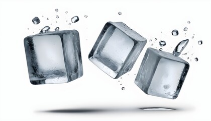 Three falling ice cubes, cut out on transparent white background