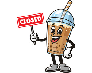 Bubble tea holding closed sign board cartoon mascot illustration character vector clip art hand drawn