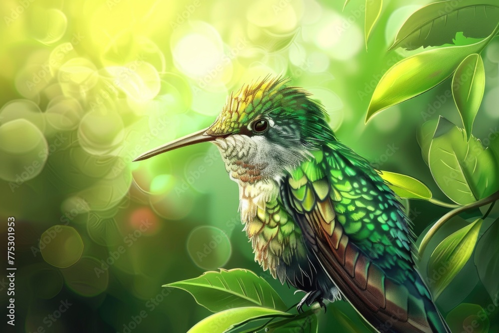 Poster a vibrant bird perched on a tree branch. suitable for nature and wildlife themes
