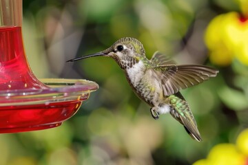 Fototapeta premium A beautiful hummingbird in flight approaching a humming feeder. Ideal for nature and wildlife themes