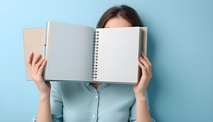 Woman with open photo album at light blue background, top view. Space for text