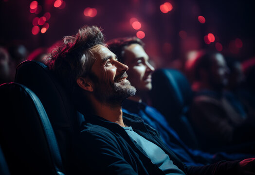Smiling man sitting in movie theater and watching film.
