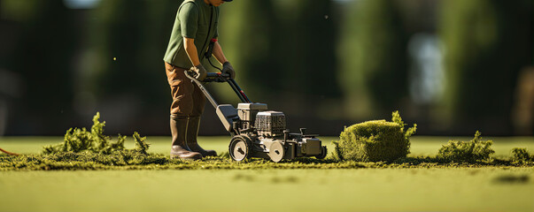 minimalistic model of worker lawn cutting grass - obrazy, fototapety, plakaty