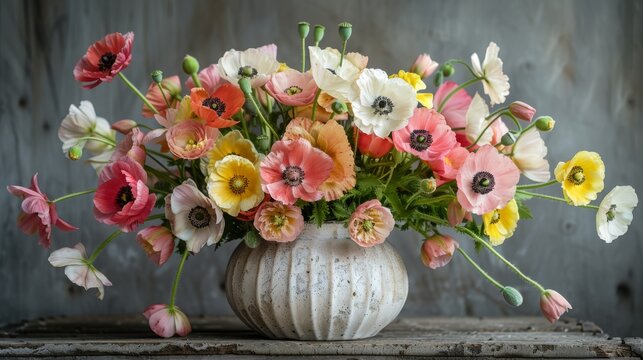   A vase filled with colorful flowers on a wooden table against a wall