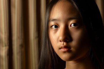 Portrait of an Asian girl with long straight hair, looking at the camera, illuminated by soft light and shadow, with brown wooden walls in the background