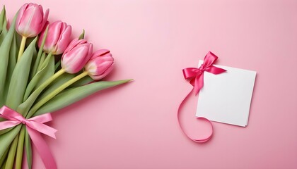 Pink tulips gift bouquet with bow and paper. International Women's and Mother's Day, birthday, Valentine's Day, holiday. Copy space