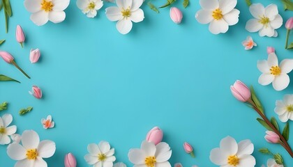 Fototapeta na wymiar Beautiful spring nature background with lovely blossom, petal a on turquoise blue background frame 