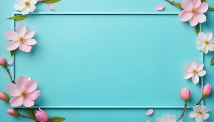 Beautiful spring nature background with lovely blossom, petal a on turquoise blue background frame 