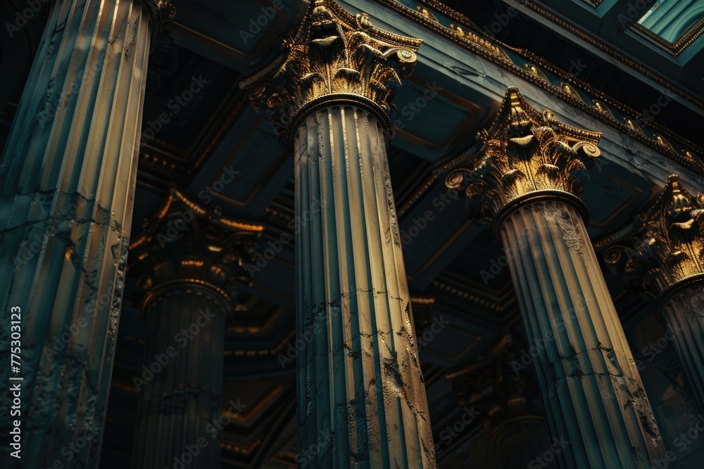 Poster Close up view of a building with columns and a clock, suitable for architectural designs and time management concepts