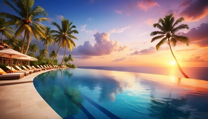 Luxury sunset over infinity pool in a summer beachfront hotel resort at tropical landscape. Tranquil beach holiday vacation background mood. Amazing island sunset beach view, palms swimming pool 