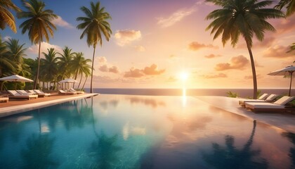 Fototapeta na wymiar Outdoor luxury sunset over infinity pool swimming summer beachfront hotel resort, tropical landscape. Beautiful tranquil beach holiday vacation background. Amazing island sunset beach view, palm trees