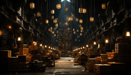 Old dark warehouse with lanterns hanging from the ceiling - obrazy, fototapety, plakaty