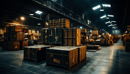 Old vintage suitcases and boxes in warehouse