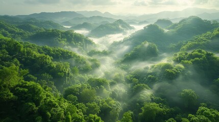  A forest brimming with verdant trees, distant mountains shrouded in mist, and low-lying clouds in the foreground - obrazy, fototapety, plakaty