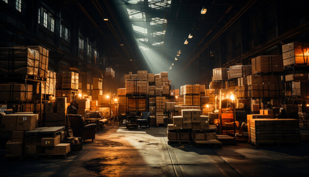 Large industrial warehouse. Long shelves with variety of boxes.