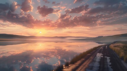 A breathtaking scene capturing the quietude of a lake and the solitude of a road at sunset. - obrazy, fototapety, plakaty