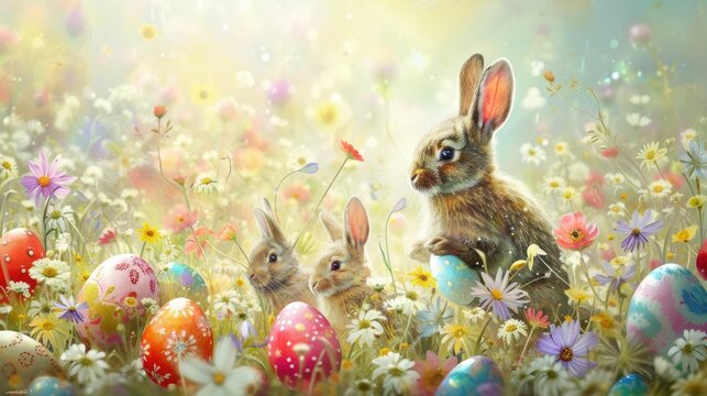Two rabbits are lounging in a grassy field adorned with colorful Easter eggs and vibrant flowers. The scene resembles a painting showcasing the beauty of nature AIG42E