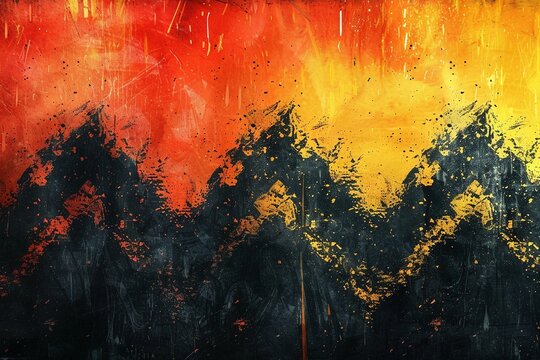A fiery abstract background:  A vibrant gradient of orange and yellow hues explodes across the canvas, overlaid with a dynamic, gritty black distressed texture reminiscent of volcanic ash.