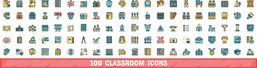 100 classroom icons set. Color line set of classroom vector icons thin line color flat on white