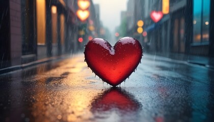 Heart shape, rainy window, wet street. 
