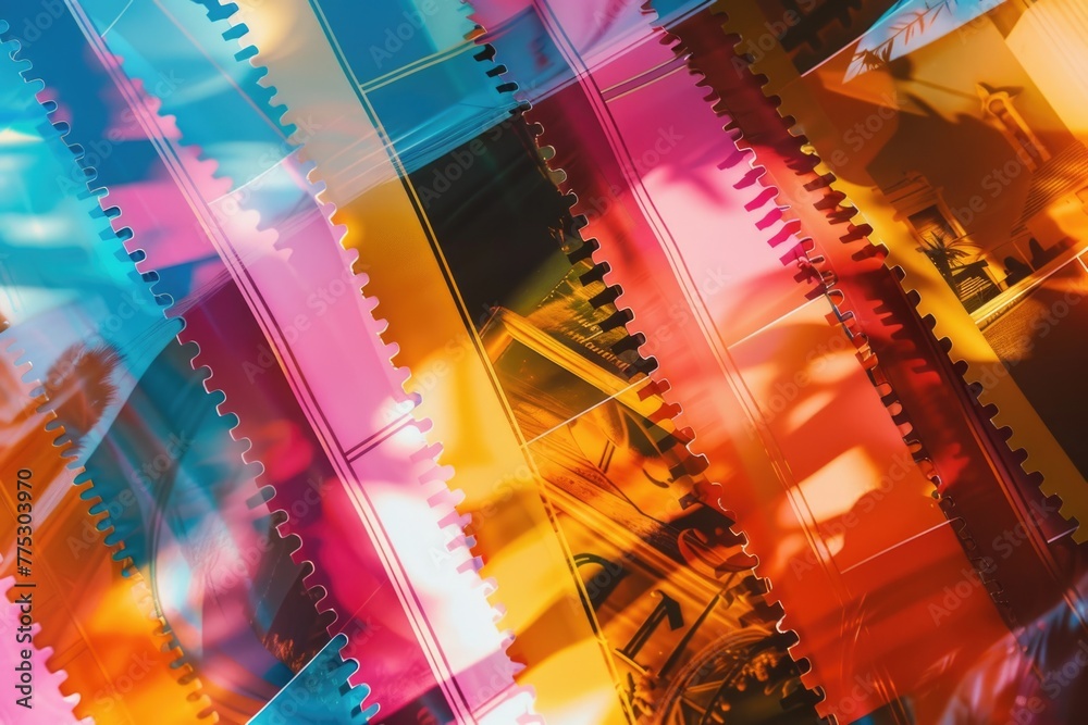 Poster Close up of a film strip with a clock tower in the background. Suitable for various design projects
