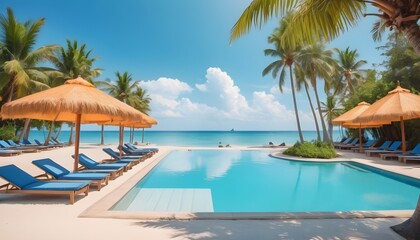 Happy tourism holiday landscape. Luxury beach resort hotel swimming pool, leisure beach chairs...