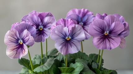 Fototapeta premium A cluster of vibrant purple blossoms perched atop a verdant foliage plant, framing a gray backdrop