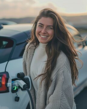 A smiling young modern woman charging her electric car