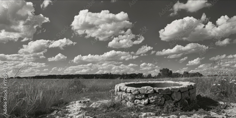 Poster stone well in a field with clouds in the background. suitable for rural and agricultural themes