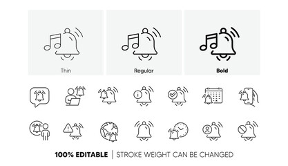 Alarm Clock, Calendar Reminder, Notification Bell. Notification line icons. User Message Alarm, Phone ring, Sale offer line icons. Time reminder, Delivery notification and calendar bell. Vector