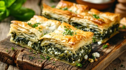 Greek dish Spanakopita puff pastry stuffed with spinach, cheese or feta cheese  - obrazy, fototapety, plakaty