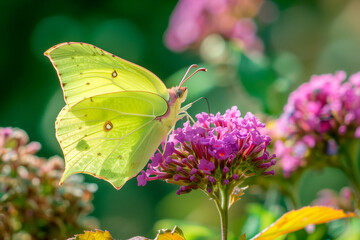 Beautiful Brimstone butterfly rests among the foliage of a garden