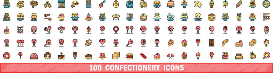 100 confectionery icons set. Color line set of confectionery vector icons thin line color flat on white - obrazy, fototapety, plakaty