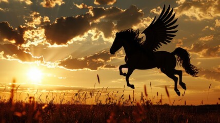 Majestic winged horse in a peaceful field, perfect for fantasy designs