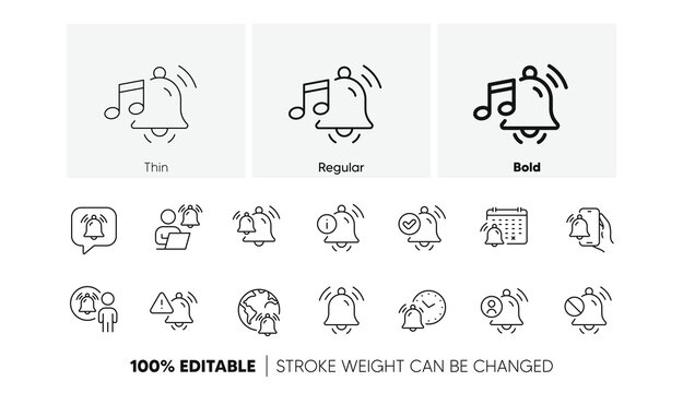 Alarm Clock, Calendar Reminder, Notification Bell. Notification line icons. User Message Alarm, Phone ring, Sale offer line icons. Time reminder, Delivery notification and calendar bell. Vector