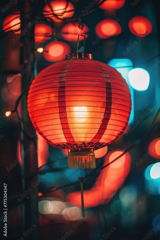 Poster a red paper lantern hanging from a tree. can be used for festive decorations