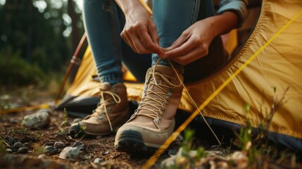 A person tying up a pair of hiking shoes. Ideal for outdoor and adventure concepts - obrazy, fototapety, plakaty