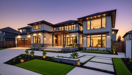 New Contemporary Style Luxury Home Exterior at Twilight