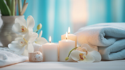 Fototapeta na wymiar Candles and towels on bed, candlelight luxury health spa indoors