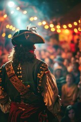 A man in a pirate costume standing in front of a crowd. Suitable for event promotions