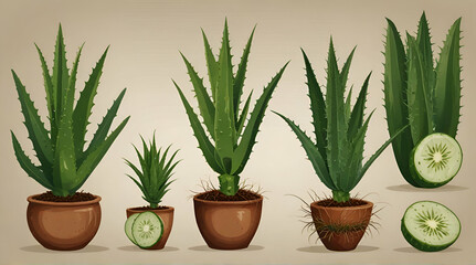 Aloe Vera Plant With Cross-cut Sections Vector Illustrated Set .Generative AI