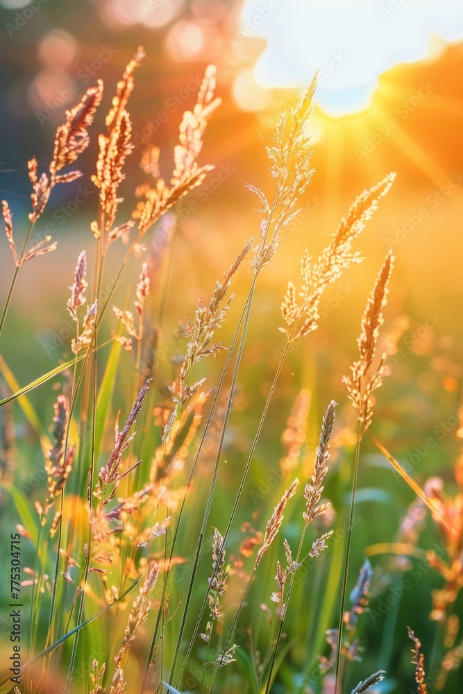 Poster Sun setting over a peaceful grass field, perfect for nature backgrounds