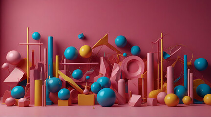 A vibrant array of objects burst against a vivid pink backdrop, evoking feelings of joy and inspiration, bold vibrant colors abstract 3d shapes background wallpaper .Generative AI