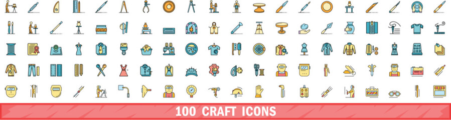 100 craft icons set. Color line set of craft vector icons thin line color flat on white - obrazy, fototapety, plakaty