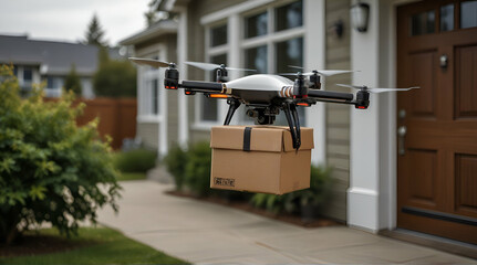 A drone delivering a package to a residential address .Generative AI