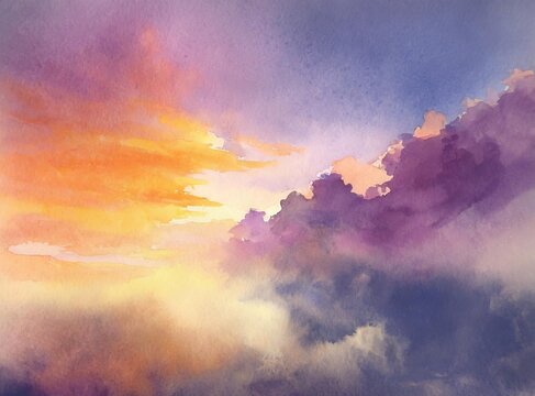 Watercolor Sky Painting. Purple and Orange Palette.